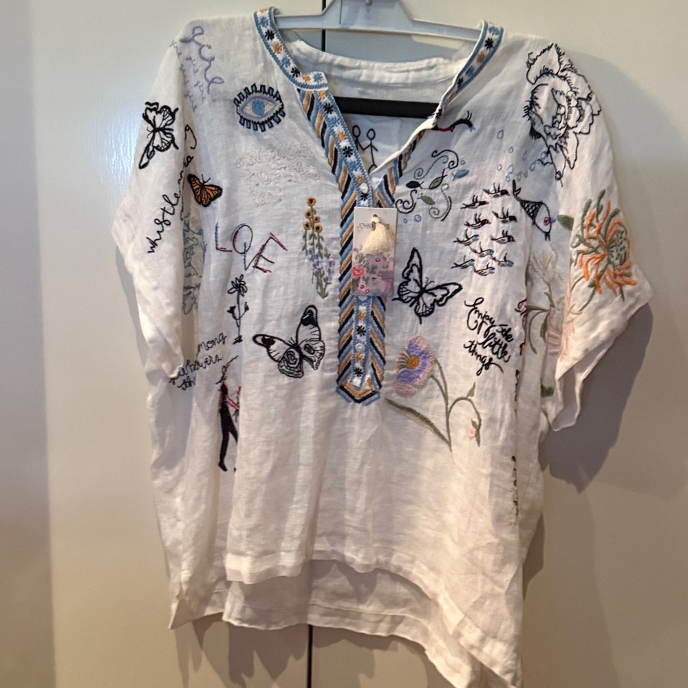 Johnny Was White Tunic with Multicolor Embroidery